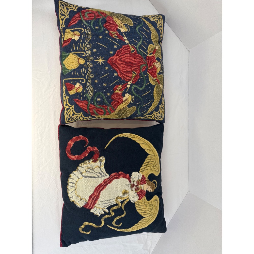 Vintage Angel Tapestry Throw Pillows Set of 2 Christmas Decor Burgundy‎ Navy